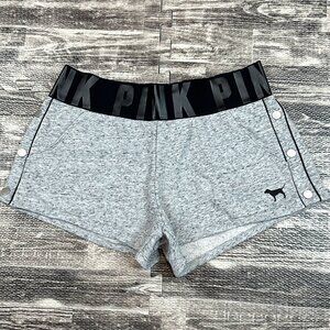 PINK Victoria Secret VS sz L Gray Elastic Logo Waist Short with Pockets & Studs